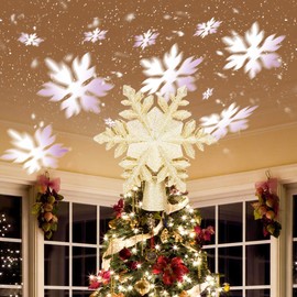 Artmag Christmas Tree Topper Lighted with White Snowflake Projector, LED Rotating Snowflake 3D Glitter Lighted Gold Snow Tree Topper for Christmas Tree Decorations (Gold)
