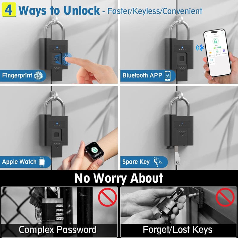 Fingerprint Padlock,Heavy Duty Smart Padlock with Key, Waterproof Bluetooth App