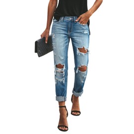 KUNMI Women's Ripped Mid Waisted Boyfriend Jeans Loose Fit Distressed Stretchy Denim Pants