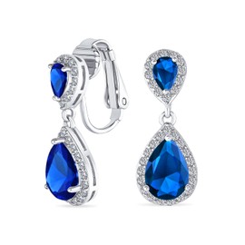 Royal Blue Teardrop CZ Clip On Dangle Pear Shape Drop Earring Simulated Sapphire Cubic Zirconia Rhodium Plated Brass