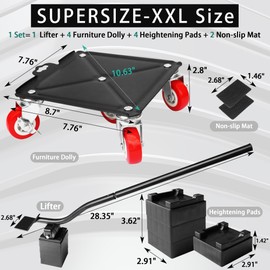 SAPITER XXL 8.7 inch - Furniture Dolly Movers with 5 Wheels - Heavy Duty Carbon Steel Panel Moving Lift Sliders Tool for Easy Moving Refrigerator Couch Desk Sofa Pool Table, 3747lbs Load Capacity