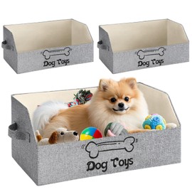 Reallnaive 2 Pack Large Collapsible Pet Toy Box Trapezoid Pet Toy Storage Basket with Handle Grey Thicker Storage Bin Bed for Organizing Treats Clothes and Accessories(Dog)