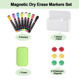 Magnetic Dry Erase Marker Set,8pcs Low Odor Fine Tip Dry Erase Markers for Acrylic Calendar,Magnetic Marker Holder and Whiteboard Eraser,6pcs Refrigerator Magnets for Planner Board