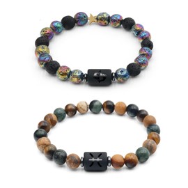 GRKZBKW 2Pcs Zodiac Bracelets for Women & Men, Natural Healing Gemstone Bracelets with Tiger Eye, Turquoise & Lava Rock, Protection & Grounding Crystals, Friendship Couples Bracelets Gifts（8mm）, One