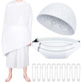 Suhine 14 Pcs Men's Ihram Set for Hajj and Umrah, Islamic Ahram Ehram Towel Umrah Haji Waist Belt Kufi Hat and 10 Pins, Free Size, Mainly White, 43.3 x 82.7 inches / 110 x 210 cm