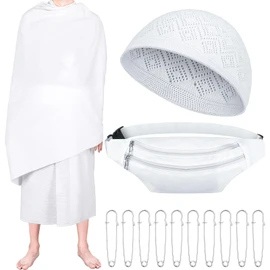Suhine 14 Pcs Men's Ihram Set for Hajj and Umrah, Islamic Ahram Ehram Towel Umrah Haji Waist Belt Kufi Hat and 10 Pins, Free Size, Mainly White, 43.3 x 82.7 inches / 110 x 210 cm
