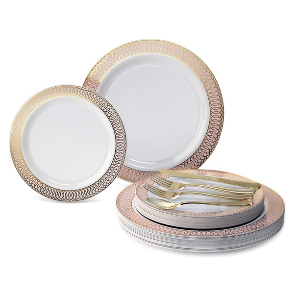 " OCCASIONS" 150pcs set (25 Guests)-Wedding Party Disposable Plastic Plates & cutlery 10'', 7.5'' + Silverware w/double fork (Venice in White/Blush/Peach & Gold)