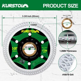 KURSTOL Tile Porcelain Diamond Blade - 3-3/8"/85mm Super Thin Diamond Cutting Disc Wheel,Arbor 7/8"-5/8" for Ceramic Granite,Marble Angle Grinder Tile Saw Blade