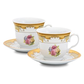 Tea Cup and Saucer Set - 4 Piece Vintage Rose Floral Design - 5.5 Inch Saucers, 6.5 oz Porcelain Cups - For Tea Parties, Cappuccino, Everyday Use or Formal Occasions (Roses Gold 3004, 4 Piece)