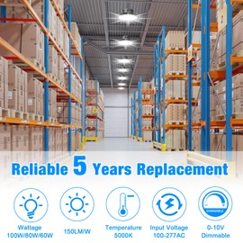 G GJIA LED High Bay Light 100W 14000LM (Eqv. to 400W HPS/MH) 5000K 1-10V Dimmable, 5' Cable with 110V Plug Ring Hook Safe Rope ETL Listed UFO High Bay LED Light Fixture for Factory Warehouse Workshop