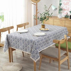 Bringsine Washable Cotton Linen Fabric Vintage Navy Damask Pattern Decorative Macrame Lace Rectangle Tablecloth Dinner Picnic Table Cloth Home Decorative Oblong Table Cover Assorted Size