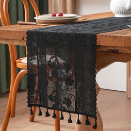 Black Boho Table Runner 12 x 71 Inch Long Lace Table Runner with Tassels Vintage Rustic Table Runners for Kitchen Dining Home Table Decorations (12x73 inch,Tassel Included