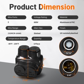 2 Port Insulated Multi Tap Connector 250MCM-6 Gauge Wire Connectors Aluminum to Copper Wire Connectors Dual Entry Black Electrical Cable Connectors with Slotted Allen Hex - 6 Pack