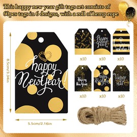 Konsait Happy New Year Gift Tags with String, 60 Pack 2025 Happy New Year Present Tags Pre-Punched, Gold and Black Design Holiday Gift Tag New Year Gift Wrapping Accessories, 2025 Gift Crafts Supplies