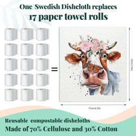LARTSFRO Cow Flower Swedish Dishcloths for Kitchen, Papaya Reusable Paper Towels, 4 Pack Watercolor Dish Towels for Kitchen, Swedish Dish Cloths, Reusable Paper Towels Washable
