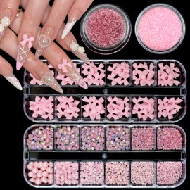 VOTACOS Nail Art Rhinestones Pink Bows Nail Charms Resin Clear Jelly Rhinestones Pearls Glitter Supplies Crystal Gems Mimi Diamond Accessories for Women Manicure Decorations Design