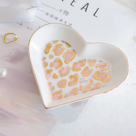 KDUPUP Heart Jewelry Dish Tray Wedding Ring Dish Ceramic Trinket Plate Trays Key Bowl Earring Dish Holder Small Dessert Tray Home Decor Dishs Jewelry Organizer Pink Leopard
