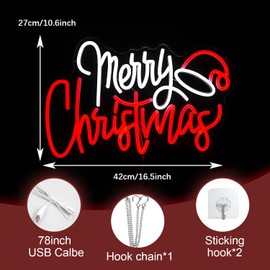 LIUOZHTEA Merry Christmas Neon Sign Dimmable USB Powered Christmas Hat Neon Light for Christmas Decor LED Red White Neon Light Signs for Christmas New Year Party Room Decor （16.5 * 10.6 In）