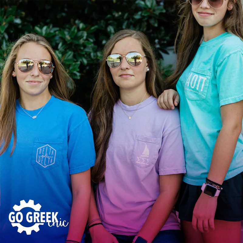 Go Greek Chic Gamma Phi Beta Script Letters Pocket Tee