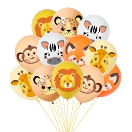 Safari Animal Latex Balloons, 12 Pack, Lion Zebra Giraffe Monkey Fox Design, Party Decorations