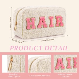 Paterr 4 Pcs Chenille Letter Preppy Patches Makeup Bag Plush Fuzzy Makeup Pouch Hair Skin Face Stuff Bag Large Cosmetic Purse Zipper Travel Toiletry Kit for Spring Gift(Pink Colors)