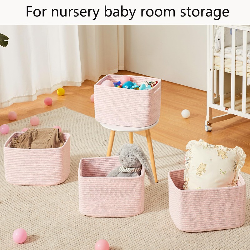 MOJOSCEND Pink Storage Bins 4 Pack Rectangular Rope Basket for