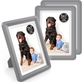 Vilkok 5x7 Picture Frame or 4x6 with Mat, 5-Second Assembly, One-Click Stress Relief Tabletop Picture Frames, Anxiety Relief Gift & Home Office Decor,Set of 3,Darkgrey Color