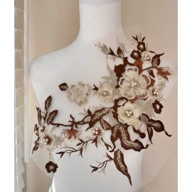 Unbranded Brown 3D Applique (12” x 10”) Beaded with Rhinestones Embroidered Lace Flowers