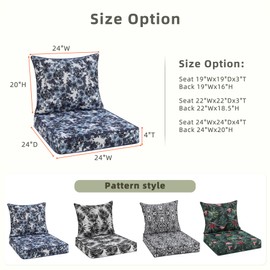 Favoyard Outdoor Seat Cushion 24 x 24 x 4 in Waterproof Pattern Fade Resistant Cover Removable Patio Furniture Cushions Deep Seat & Back Cushion Set with Adjustable Straps for Patio Chair Sofa Couch