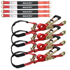 BoxerTool 4 Pack Heavy Duty Adjustable Car Tie Down Kit with J Hook Safety Latch - Break Strength 10,000 lbs-Working Load 3333 lbs – 2” x 114” Premium Red Strap w/Bonus Axle Straps