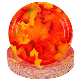 Elyxio 48Pcs Fall Leaf Paper Plates Maple Leaves Paper Dessert Plates Thanksgiving 7" Disposable Round Plate for Autumn Harvest Birthday Baby Shower Party Supplies