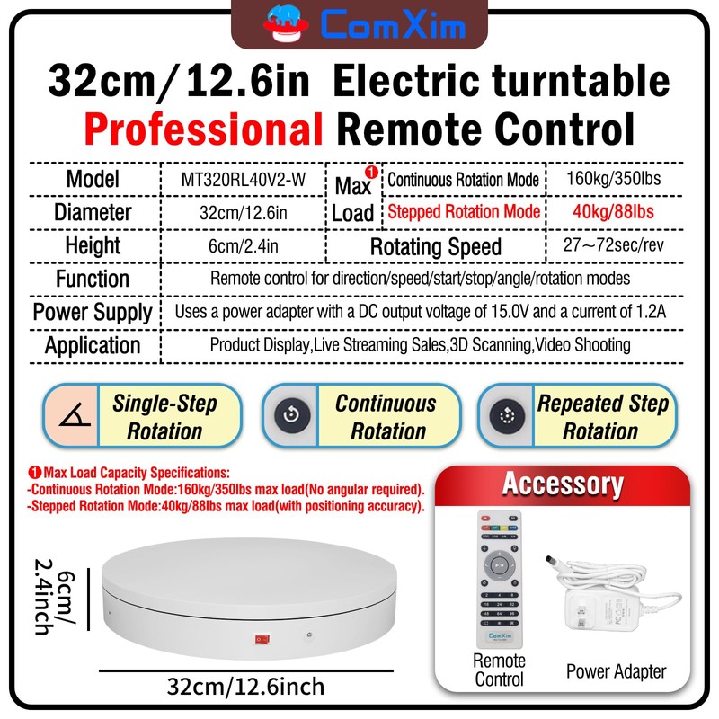ComXim 12.6In/32cm Rotating Platform, 350lbs Capacity Motorized Electric Turntable, Heavy