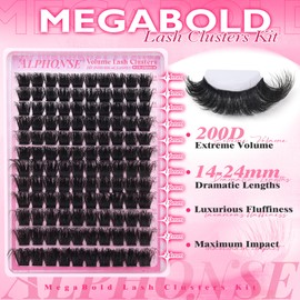 Mega Bold Lash Clusters Kit 14-24mm D-curved Cluster Eyelash Extensions Kit 200D Thick Volume Eyelash Clusters Kit with Lash Bond and Seal by ALPHONSE