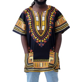DA'IKI Dashiki Cotton Shirt African Tribal Kaftan Boho Caftan Unisex, XX-Large, Dashiki - Black Yellow