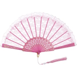 Fsfsdg Lace Handheld Folding Fan Chinese Japanese Vintage Fan for Wedding Dancing Tea Party (Pink)