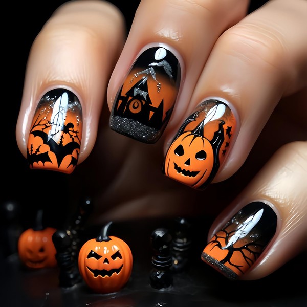 CJDLTS Halloween Prss on Nails Short Square Bat False Nail