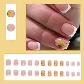 24Pcs Fall Flowers Press on Nails Short Square - ZWENJIE Autumn Cute Pink Glossy Fake Nails Press ons White French Nail Art Tips with Sunflower Design Full Cover Acrylic False Nails Glue on Nails Kit