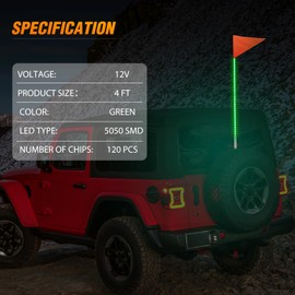 Nilight 1PCS 4FT LED Whip Light with Aluminum Base Green Color Safety Warning Pole Lighted Antenna Whips for RZR Polaris Dune Buggy Off-Road Truck UTV ATV