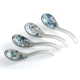 4Pcs Asian Soup Spoon,Chinese Ceramic Soup Spoons,Non-Slip Japanese Soup Spoon,Ramen Spoons with Hook for Rice Pho Miso Soup Wonton Noodle (4, Retro Blue & White)
