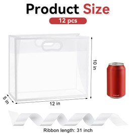 Ohuimrt 12 Pack Clear Plastic Gift Bags with Handles, Reusable Party Favor Bags with Ribbon for Wedding, Bachelorette Party, 12 x 10 x 5 Inch (White)