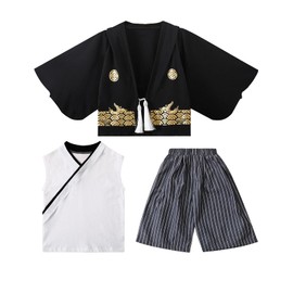 SHELISTEN 90-130 Hakama Boys 3-Piece Set, Easy Yukata, Children's Kimono, Fireworks Festival, Summer Vacation, Children's Day, Black, 110