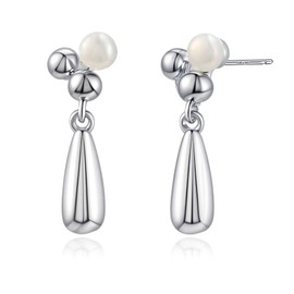 Weviway Sterling Silver Teardrop Dangle Earrings with Pearl, Flower Crown Design, Silver