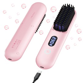 Cordless Hair Straightener Brush-Portable Straightening Comb, 9600mAh Batt, Plasma Tech, 9 Temp-Settings & LED Display, for Travel & Home, Pink