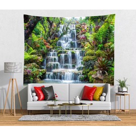 BELECO Forest Garden Waterfall Tapestry Wall Hanging Mountain Rocks Flowing Water Scenery Green Plants Trees Beautiful Nature Wall Tapestry for Home Bedroom Living Room Dorm Decor 80x60 Inches