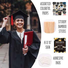 Graduation Photo Booth Props - 41-pc Photobooth Kit with 8 x 10-Inch Sign, 60 Adhesive Pads, 45 Sticks - Graduation Props - Graduation Picture Props - Grad Photo Booth Props