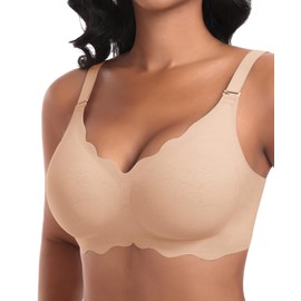 Ganado Wireless Bras for Women No Underwire Scalloped Seamless Bras with Support and Lift Padded T Shirt Bra Comfort Bralette (Nude Medium)