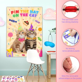 Pin The Hat on The Cat Party Games, 7 Piece Cat Birthday Party Game Set - Poster, Blindfold, Stickers etc, Kitten Birthday Party Supplies
