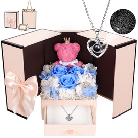 digi marker Preserved Rose Moss Bear with I Love You 100 Languages Necklace Roses Gifts for Women Girlfriend Wife Mom Grandma Birthday Christmas Valentines Mothers Day Anniversary Wedding