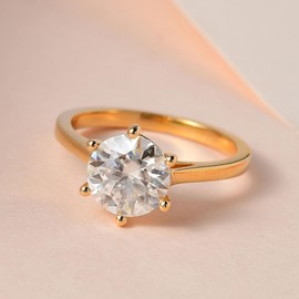 TJC Moissanite Solitaire Ring for Women Engagement Ladies Rings in Yellow Gold Plated 925 Sterling Silver Size R Prong Setting Metal Wt. 2.5 Grams