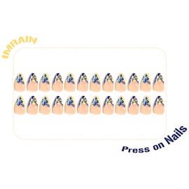 IMRAIN Almond Press on Nails Medium French Tips Fake Nails Blue Yellow Flower Designs Full Cover Glue on Nails Artifical Acrylic Glossy False Nails Stick on Nails for Women Gel Nails Kit 24Pcs